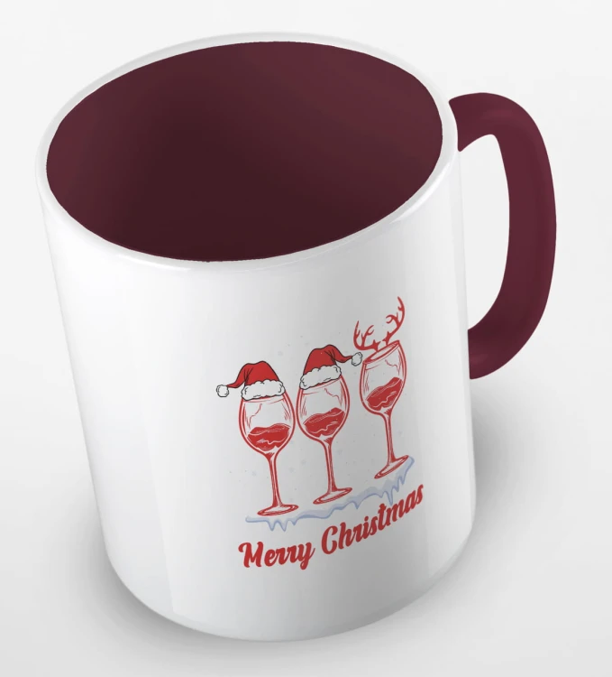 kolorowy kubek z hasłem Merry Christmas oraz grafiką świątecznego wina - kolor bordowy.jpg