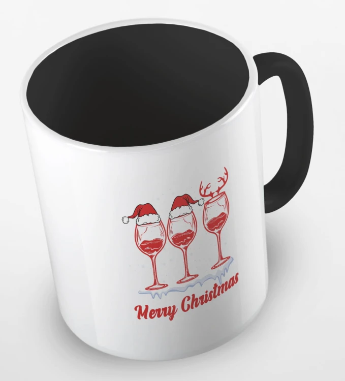 kolorowy kubek z hasłem Merry Christmas oraz grafiką świątecznego wina - kolor czarny.jpg