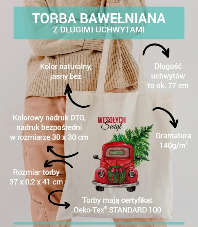 torba bawełniana z długimi uszami, z choinką na aucie oraz hasłem wesołych świąt - parametry produktu.jpg
