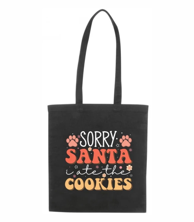 czarna torba bawełniana z długimi uszami, z hasłem sorry santa, i ate the cookies.jpg