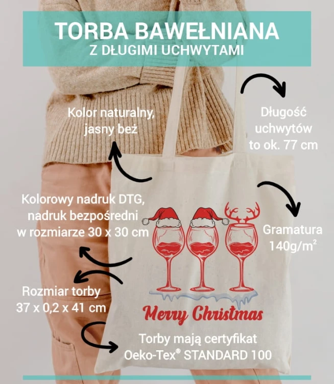 torba bawełniana z długimi uszami hasłem Merry Christmas oraz kieliszkami wina - parametry torby.jpg
