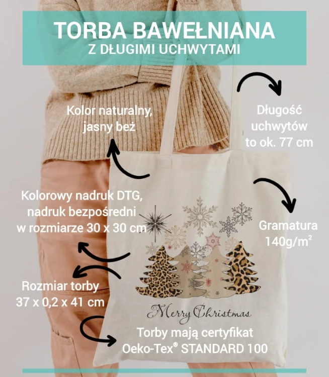 torba bawełniana z długimi uszami hasłem Merry Christmas oraz choinkami w panterke - parametry torby.jpg