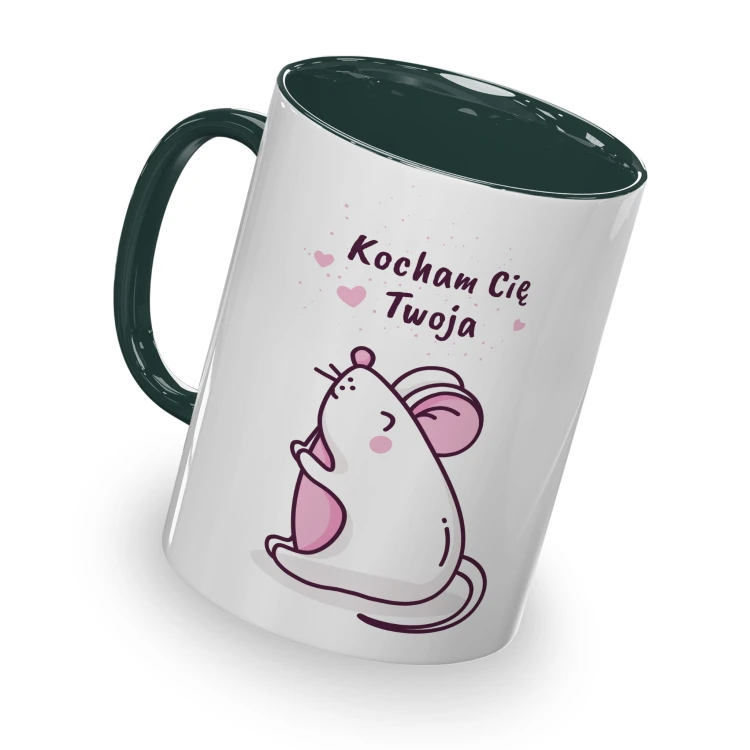 kolorowy kubek z hasłem - kocham cię Twoja myszka - ciemnozielony kolor kubka.jpg