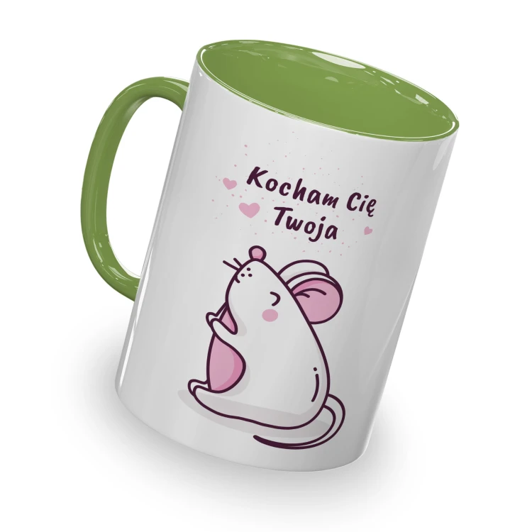 kolorowy kubek z hasłem - kocham cię Twoja myszka - jasnozielony kolor kubka.jpg