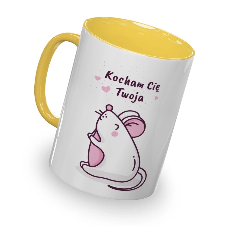 kolorowy kubek z hasłem - kocham cię Twoja myszka - żółty kolor kubka.jpg