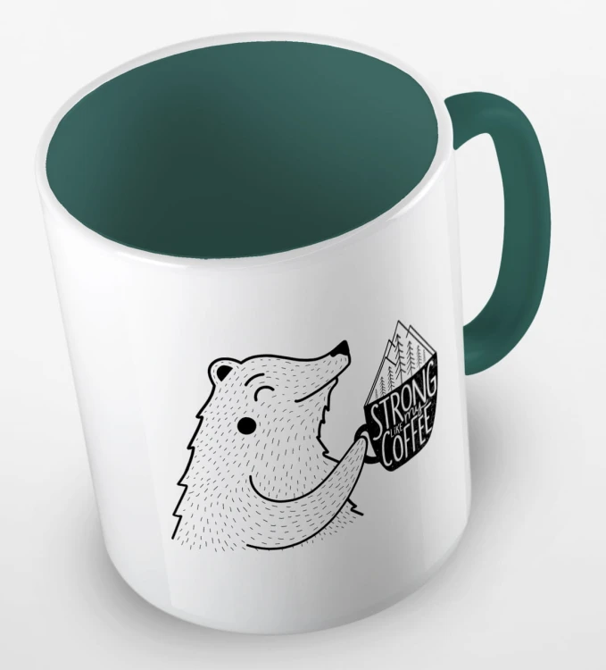 kolorowy kubek z hasłem strong like my coffee oraz uroczym niedżwiedziem - kolor ciemnozielony.jpg
