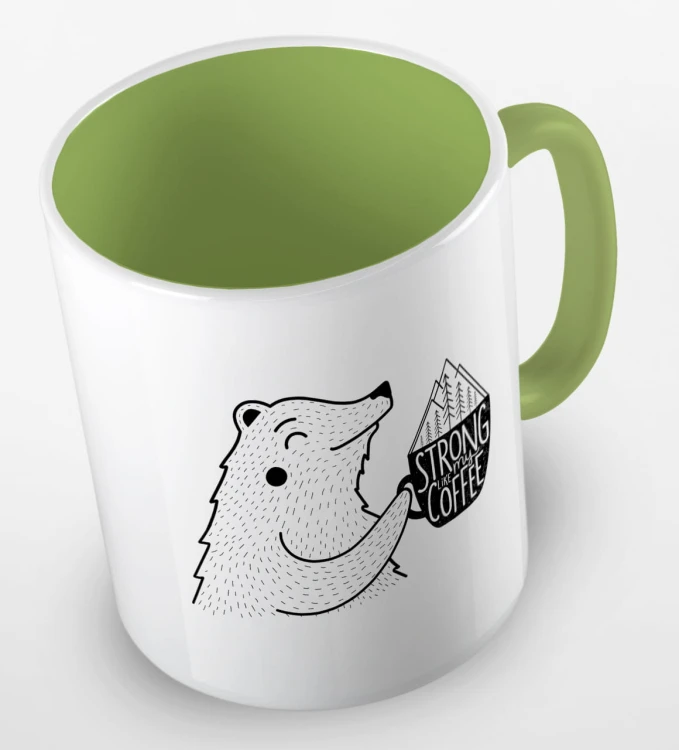 kolorowy kubek z hasłem strong like my coffee oraz uroczym niedżwiedziem - kolor jasnozielony.jpg