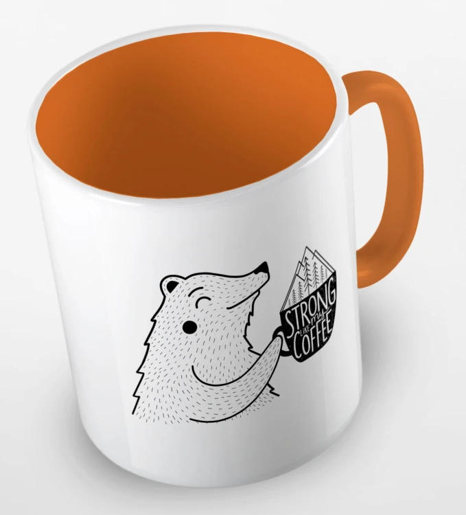 kolorowy kubek z hasłem strong like my coffee oraz uroczym niedżwiedziem - kolor pomarańczowy.jpg