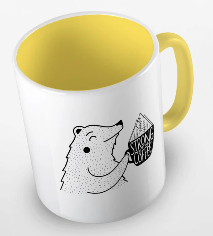 kolorowy kubek z hasłem strong like my coffee oraz uroczym niedżwiedziem - kolor żółty.jpg