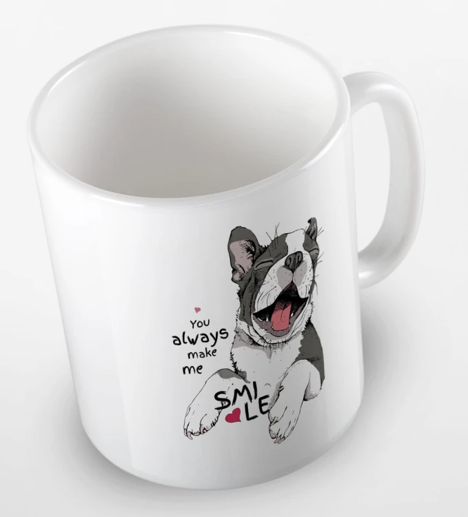 kolorowy kubek z grafiką psa i hasłem - you always make me smile - kolor biały.jpg