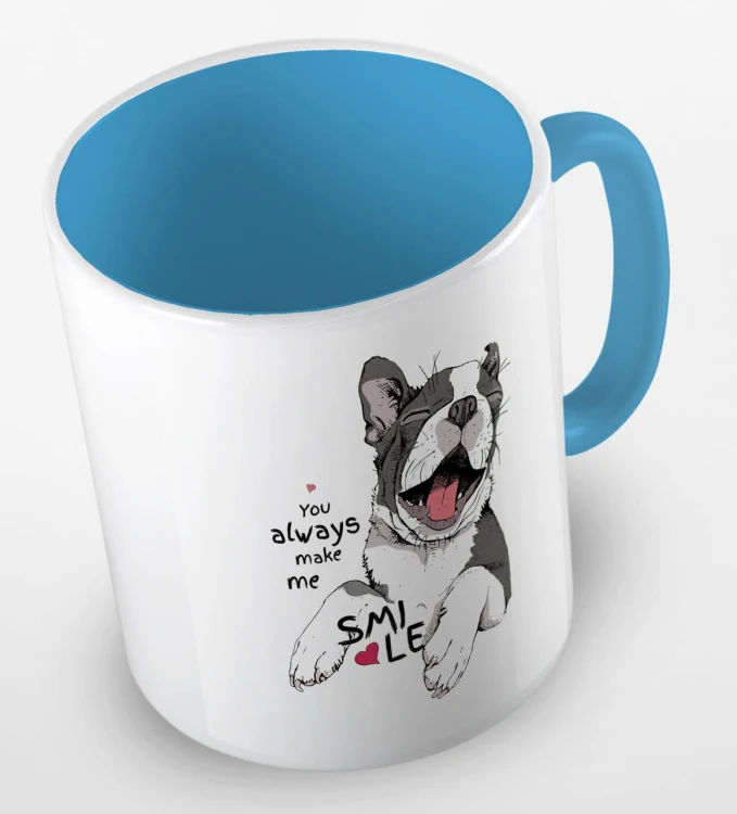kolorowy kubek z grafiką psa i hasłem - you always make me smile - kolor błękitny.jpg