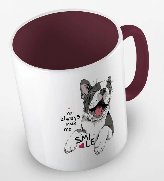 kolorowy kubek z grafiką psa i hasłem - you always make me smile - kolor bordowy.jpg