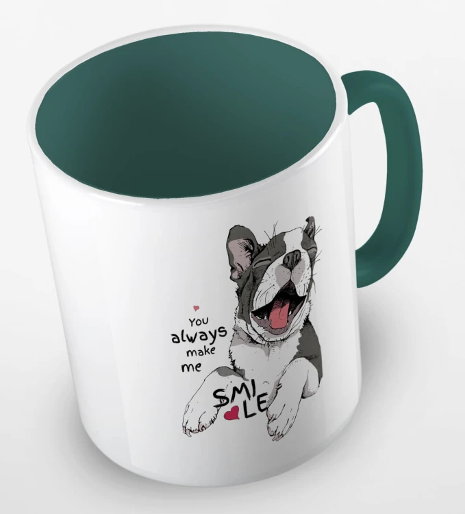 kolorowy kubek z grafiką psa i hasłem - you always make me smile - kolor ciemnozielony.jpg