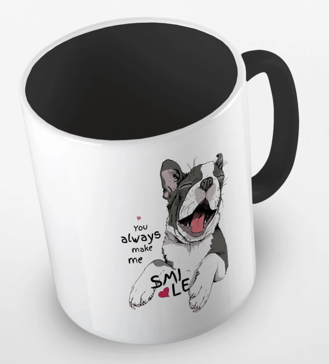 kolorowy kubek z grafiką psa i hasłem - you always make me smile - kolor czarny.jpg