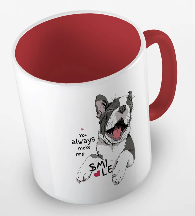 kolorowy kubek z grafiką psa i hasłem - you always make me smile - kolor czerwony.jpg