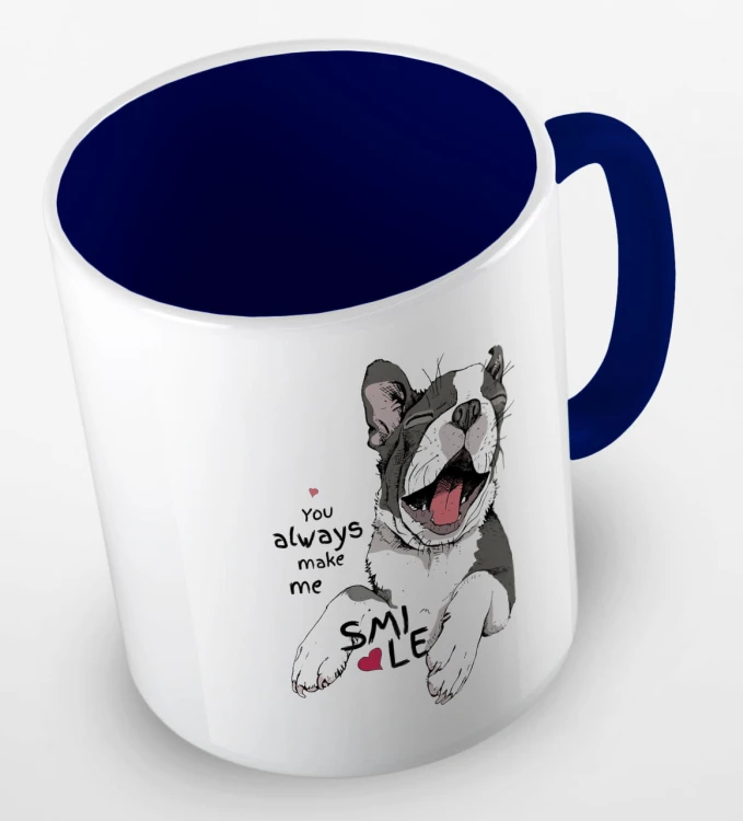 kolorowy kubek z grafiką psa i hasłem - you always make me smile - kolor granatowy.jpg