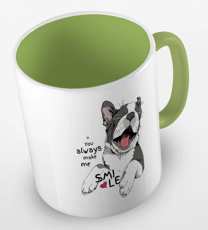 kolorowy kubek z grafiką psa i hasłem - you always make me smile - kolor jasnozielony.jpg