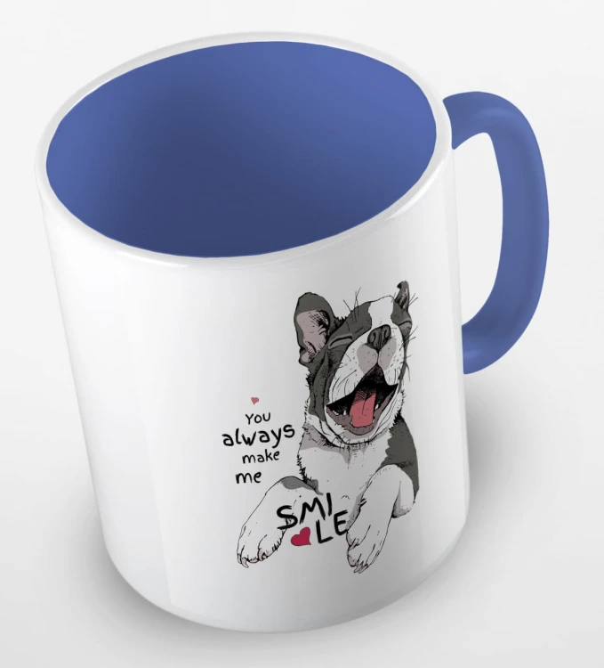 kolorowy kubek z grafiką psa i hasłem - you always make me smile - kolor niebieski.jpg