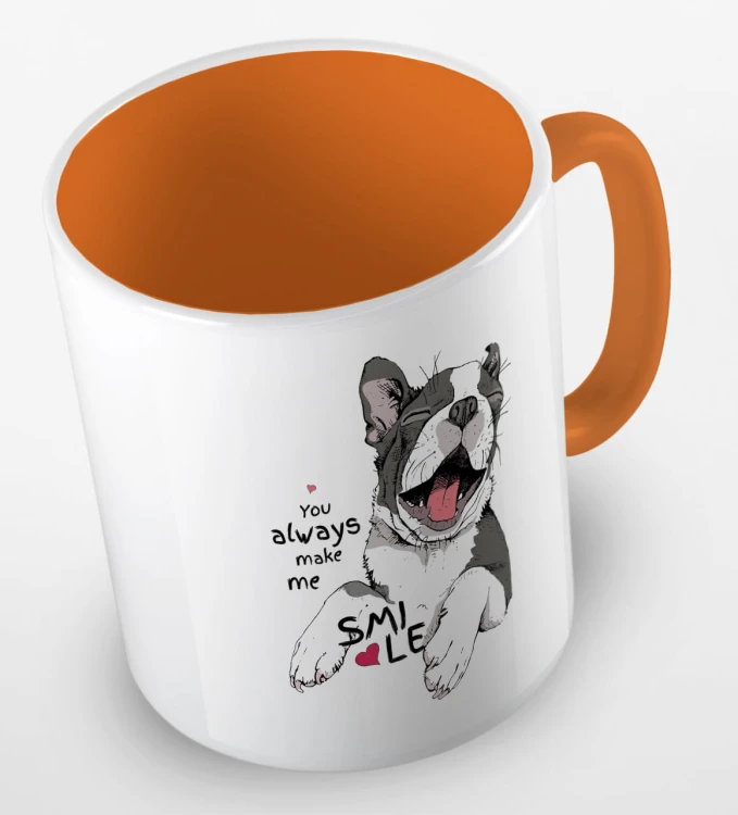 kolorowy kubek z grafiką psa i hasłem - you always make me smile - kolor pomarańczowy.jpg