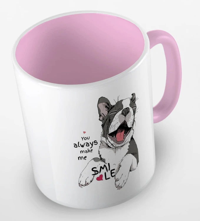 kolorowy kubek z grafiką psa i hasłem - you always make me smile - kolor różowy.jpg