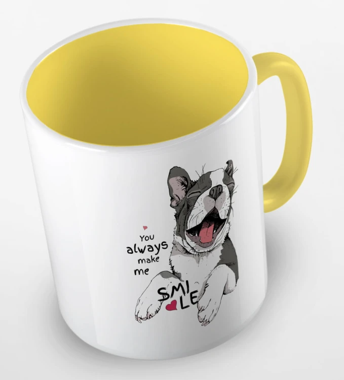 kolorowy kubek z grafiką psa i hasłem - you always make me smile - kolor żółty.jpg
