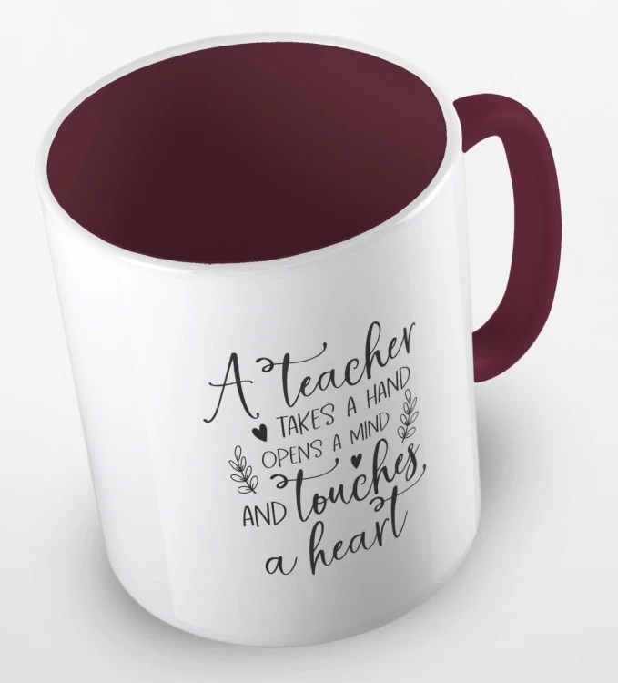 kolorowy kubek z hasłem - A teacher takes a hand, opens a mind and touches a heart - kolor bordowy.jpg