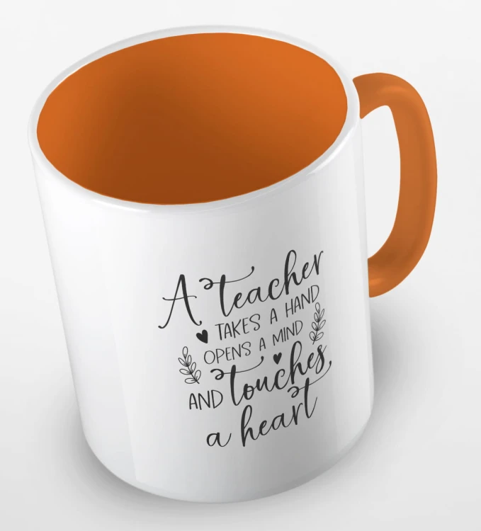 kolorowy kubek z hasłem - A teacher takes a hand, opens a mind and touches a heart - kolor pomarańczowy.jpg