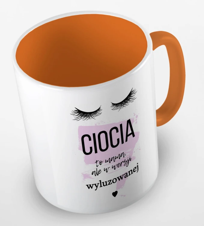 kolorowy kubek z hasłem - ciocia to mama, ale w wersji wyluzowanej - kolor pomarańczowy.jpg
