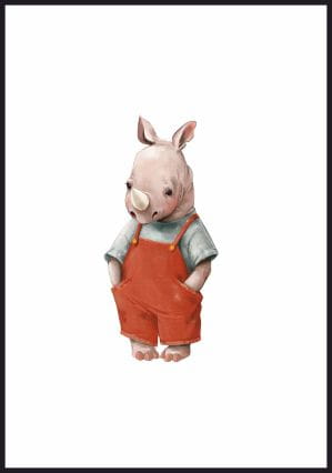 Ilustracja do pokoju dziecięcego - smutny nosorożec. Plakat z białym marginesem dookoła.