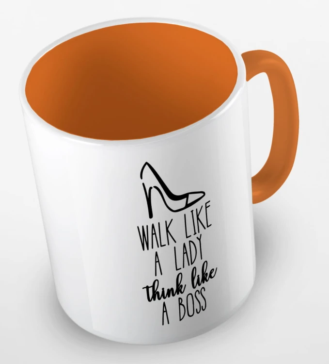 kolorowy kubek z hasłem - walk like a lady, think like a boss - kolor pomarańczowy.jpg