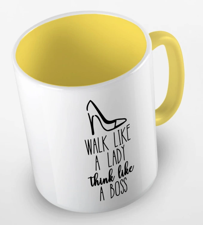kolorowy kubek z hasłem - walk like a lady, think like a boss - kolor żółty.jpg