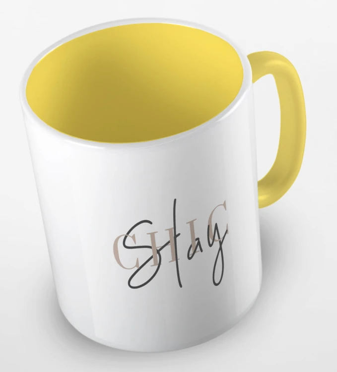 kolorowy kubek z hasłem - stay chic - kolor żółty.jpg