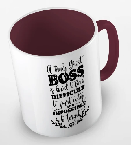 kolorowy kubek z hasłem - a truly great boss is hard to find difficult to part with and impossible to forget - kolor bordowy.jpg