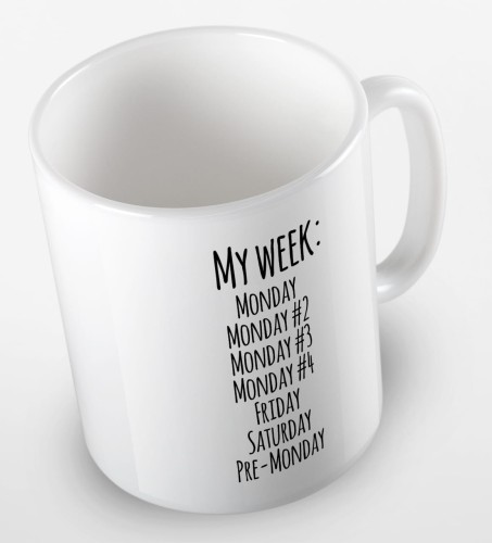 kolorowy kubek z hasłem - my week is monday, monday 2, monday 3, monday 4, friday, saturday, pre-monday - kolor biały.jpg
