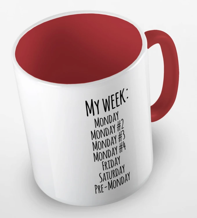 kolorowy kubek z hasłem - my week is monday, monday 2, monday 3, monday 4, friday, saturday, pre-monday - kolor czerwony.jpg
