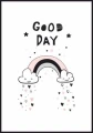Ilustracja do pokoju dla chłopca i dziewczynki z białym marginesem dookoła. Obrazek z hasłem "Good day" - "dobrego dnia"
