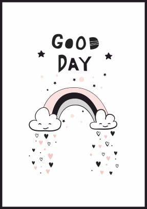 Ilustracja do pokoju dla chłopca i dziewczynki z białym marginesem dookoła. Obrazek z hasłem "Good day" - "dobrego dnia"