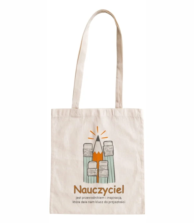 torba bawełniana z długimi uszami, z nadrukiem - nauczyciel jest przewodnikiem i inspiracją, która dała nam klucz do przyszłości.jpg