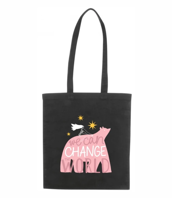 czarna torba bawełniana z długimi uszami, z nadrukiem - we can change the world.jpg