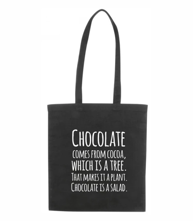 czarna torba bawełniana z długimi uszami, z nadrukiem - chocolate is a salad.jpg