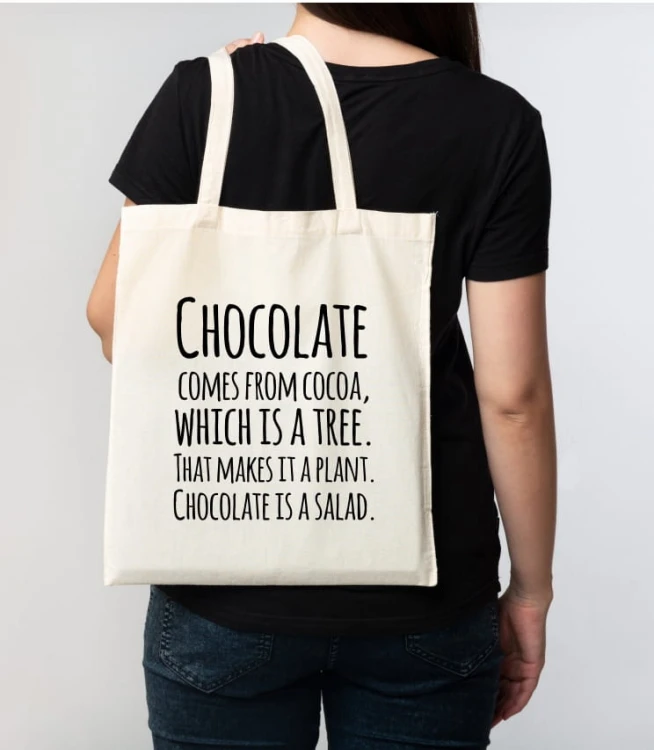 torba bawełniana z długimi uszami, z nadrukiem - chocolate is a salad - wizualizacja.jpg