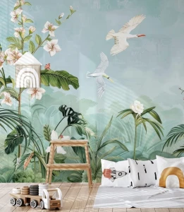 Fototapeta tropical plants and white birds