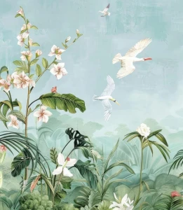 Próbka tapety tropical plants and white birds