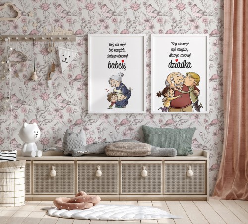 Zestaw plakatów zawierający ilustrację dla dziadka - plakat Bóg  nie mógł być wszędzie