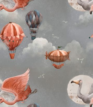 Bajkowa tapeta w magiczne balony, sterowce, chmurki, księżyc i flamingi
