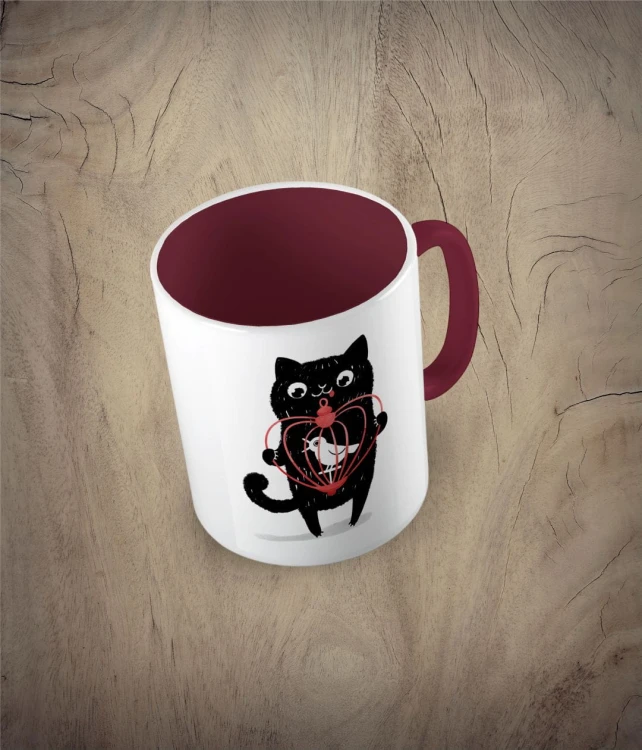 Kubek cat with a birdcage kolor bordowy