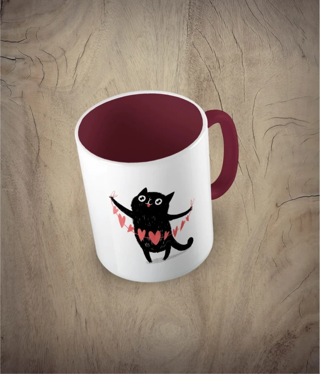 Kubek cat with a heart garland bordowy