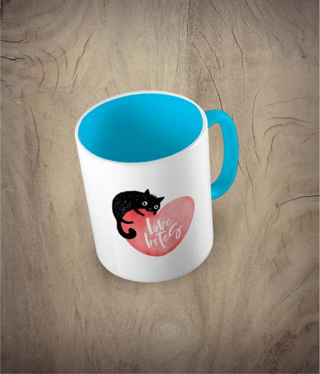 Kubek love bites with cat błękitny