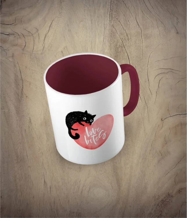 Kubek love bites with cat bordowy