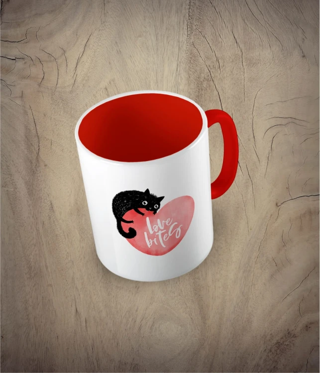 Kubek love bites with cat czerwony